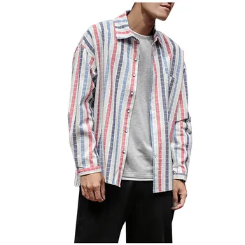 

Men's Casual Fashion Stripe Printing Loose Removable Long Sleeve Blouse Streetwear casual slim fit men shirt Summer Clothing