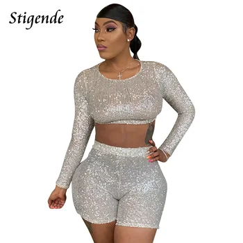 

Stigende Women Sexy Two Piece Sequin Set Fashion Glitter 2 Piece Club Outfits Autumn Shining Long Sleeve Crop Top and Short Set