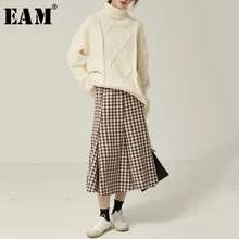 [EAM] высокая эластичная талия, черная клетчатая твидовая шерстяная темпераментная юбка, женская мода, новинка, весна-осень, 20201N129