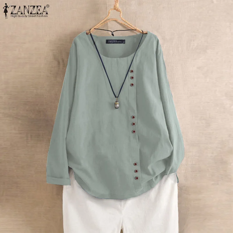 ZANZEA женская блузка рубашка Осенняя мода Blusas Женская рабочая туника для офиса Топы Твердые o-образным вырезом пуговицы хлопок сорочка Mujer