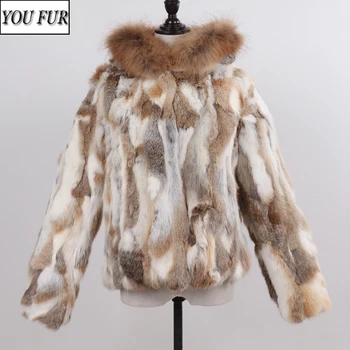 

Winter 100% Natural Fur Coats Jackets Women Warm Genuine Rabbit Fur Jackets With Raccoon Fur Collar Lady Real Fur Hooded Coats