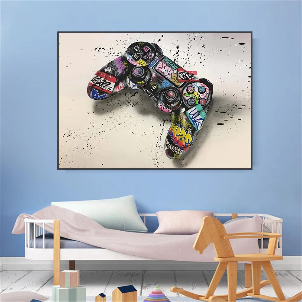 Uma pintura de uma sala de jogos com um controlador de jogo e uma
