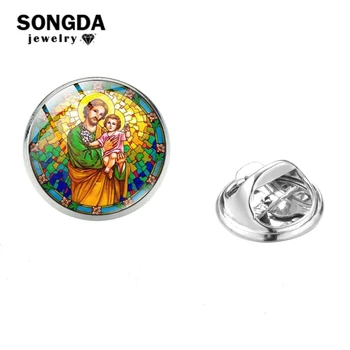 

SONGDA Holy God Jesus Lapel Pins Catholic Christian Painted Art Pattern Glass Cabochon Stainless Steel Pin Bag Clothing Jewelry