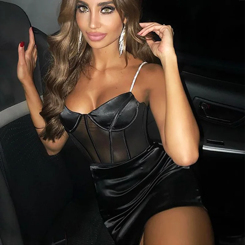 

2020 New Hot Sexy Lace Up Bodycon Crystal Diamond Spaghetti Straps Satin Imitation Silk Mini Dress See Through Clubwear