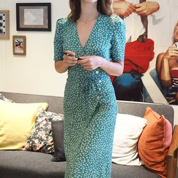 

CAMIA 100% viscose Women Floral Print Short Sleeve Waist Buttons Soft Sexy Sweet Slim Wrap Midi roujue Dress With Belt