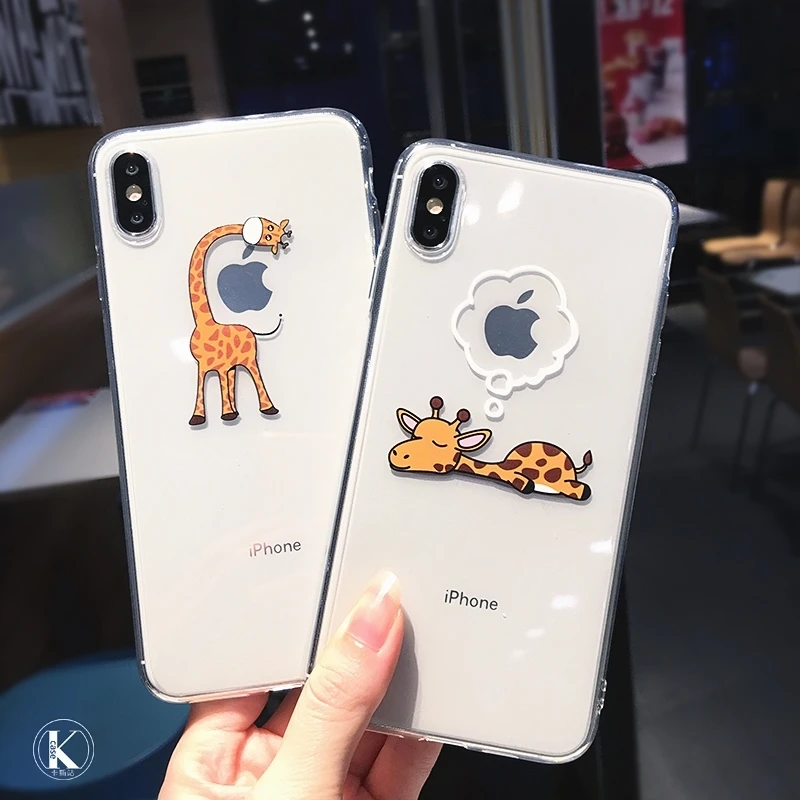 Cute Cartoon animal giraffe Clear Phone Case For iPhone 11 Pro Max X XS XR 7 8 plus 6 6s Couple Transparent Soft TPU Back Cover