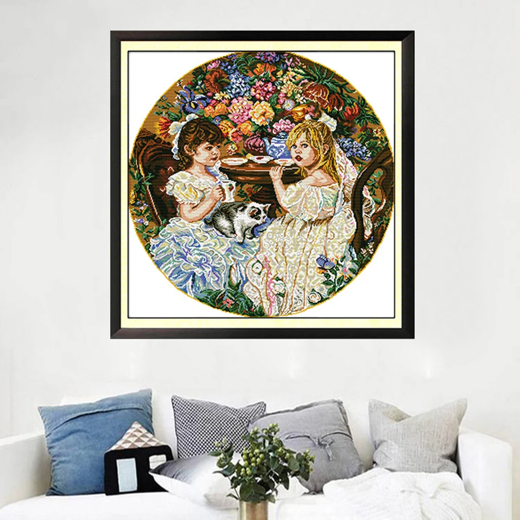 

NAIYUE NEW 14CT 62x62cm Two Little Girls Stamped Cross Stitch Kit DIY Handmade Needlework for Beginners Kids Adults
