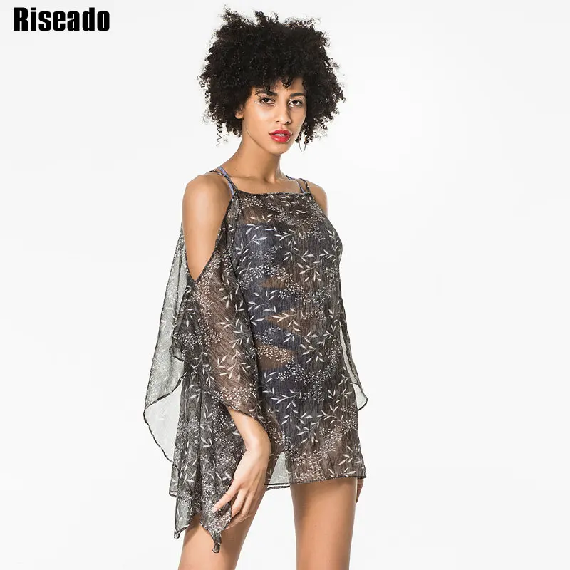 

Riseado New Off Shoulder Sexy Beach Dress Women Cover Up Swimwear Summer Beach Wear Leaf Printing Swimwear