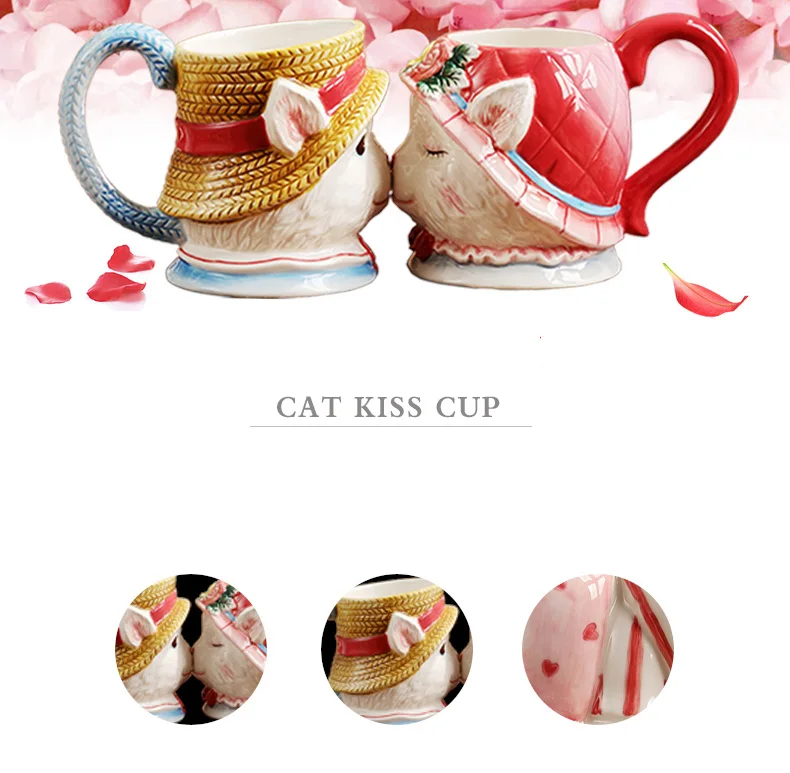 Kissing Cat Hand Painted Couple cup cartoon animal coffee cup Wedding gift ceramic cups