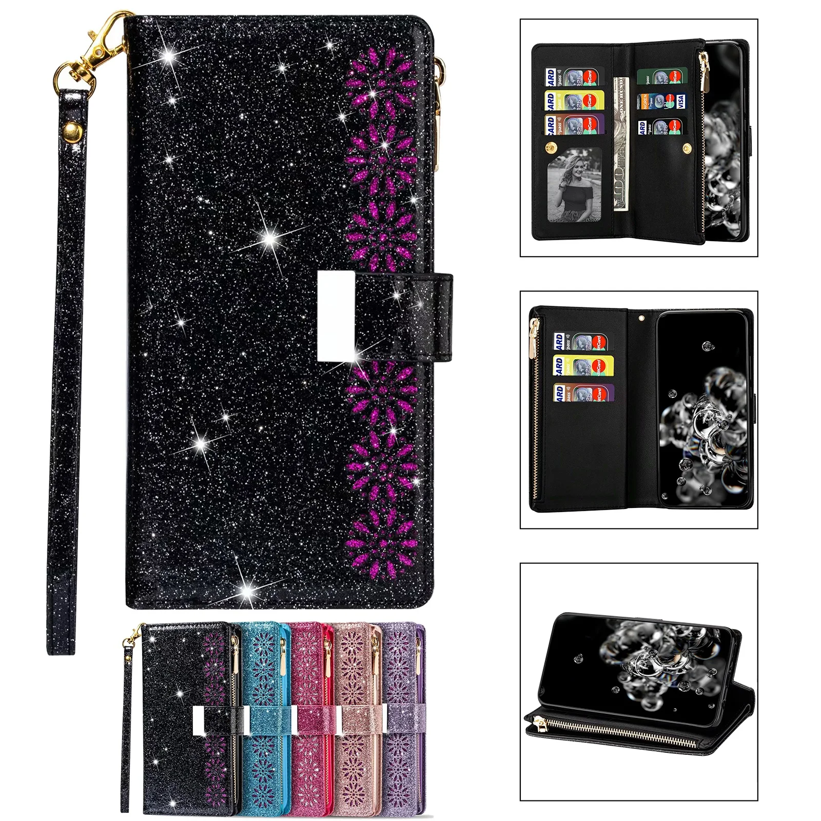 Husă portofel cu glitter pentru Huawei P40, P30, P20 Lite, Mate 20, 10 Pro, Honor 10 Lite 8A, P Smart Y6 Y7 2019_voghion.com