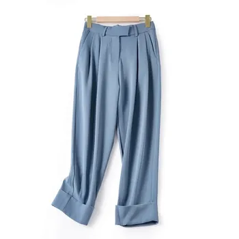 

2020 Women Blue Long Straight Pants Spring Summer Office Ladies Curling Trousers With Pockets