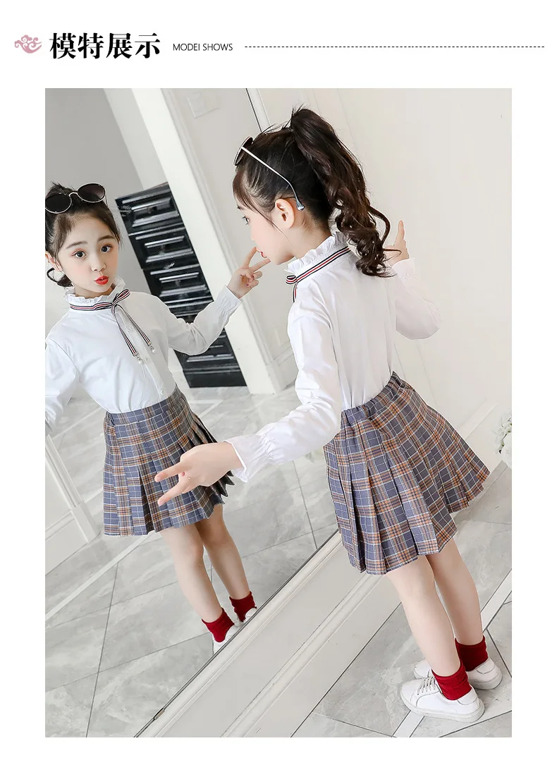 Girl'S Shirt Spring And Autumn New Style Korean-style College Style White Shirt Plaid Short Skirt Big Boy Childrenswear Fas