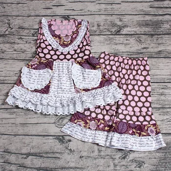

Summer hot sale children suit baby girl boutique 2pcs outfits with ruffles and pockets