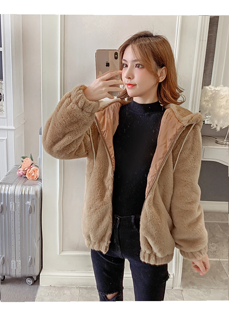 Rurouisbeir Winter New Korean Loose Plush Long Sleeves Velvet Fur Sweatershirt Hooded Jacket Female Coat