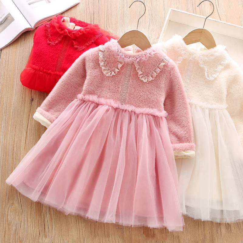 

2-6 Years Girls Velvet Dress Winnter Autumn Long Sleeve Mesh Dresses For Kids Clothes Girls Children Casual Warm Princess Dress