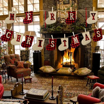 

Christmas Banners Christmas Hanging Socks Ornaments Streamer Linen Plaid DIY Banners Reusable Decoration Christmas Decoration
