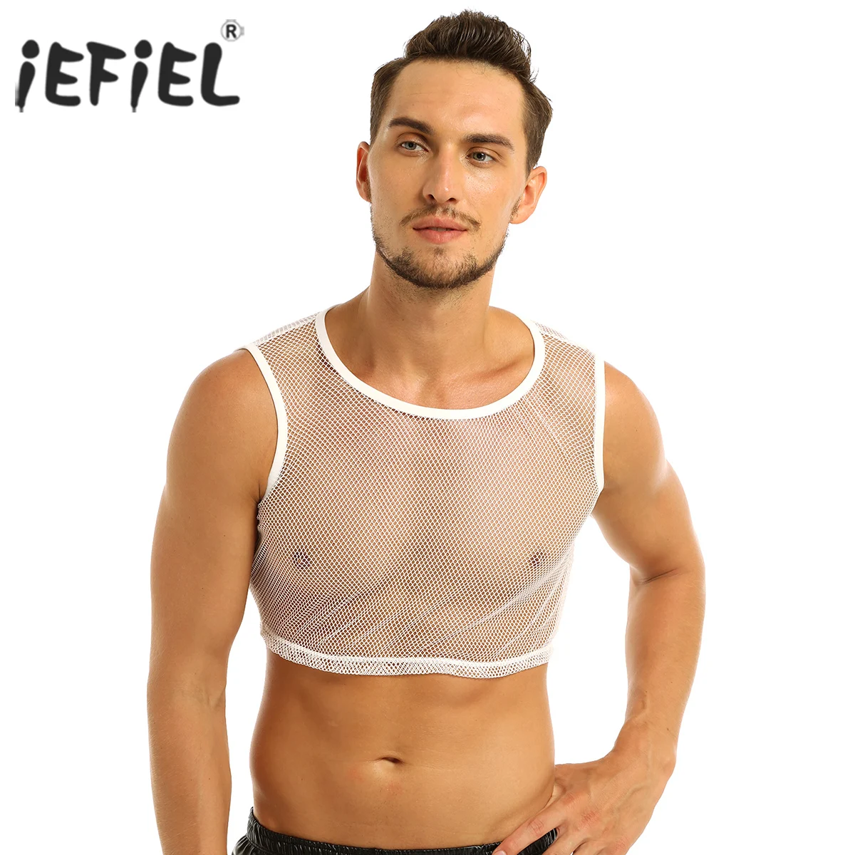 

iEFiEL Men Sleeveless See-through Mesh Fishnet Muscle Slim Fit Short Style Wetlook Tank Top Men's Evening Clubwear Vest Tops