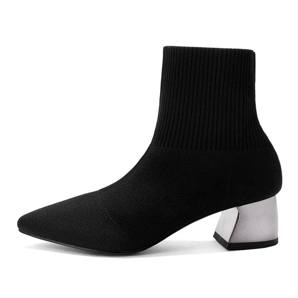 

European style socks boots simple booties female 2019 new thick with pointed high heels winter knitted elastic women's boots