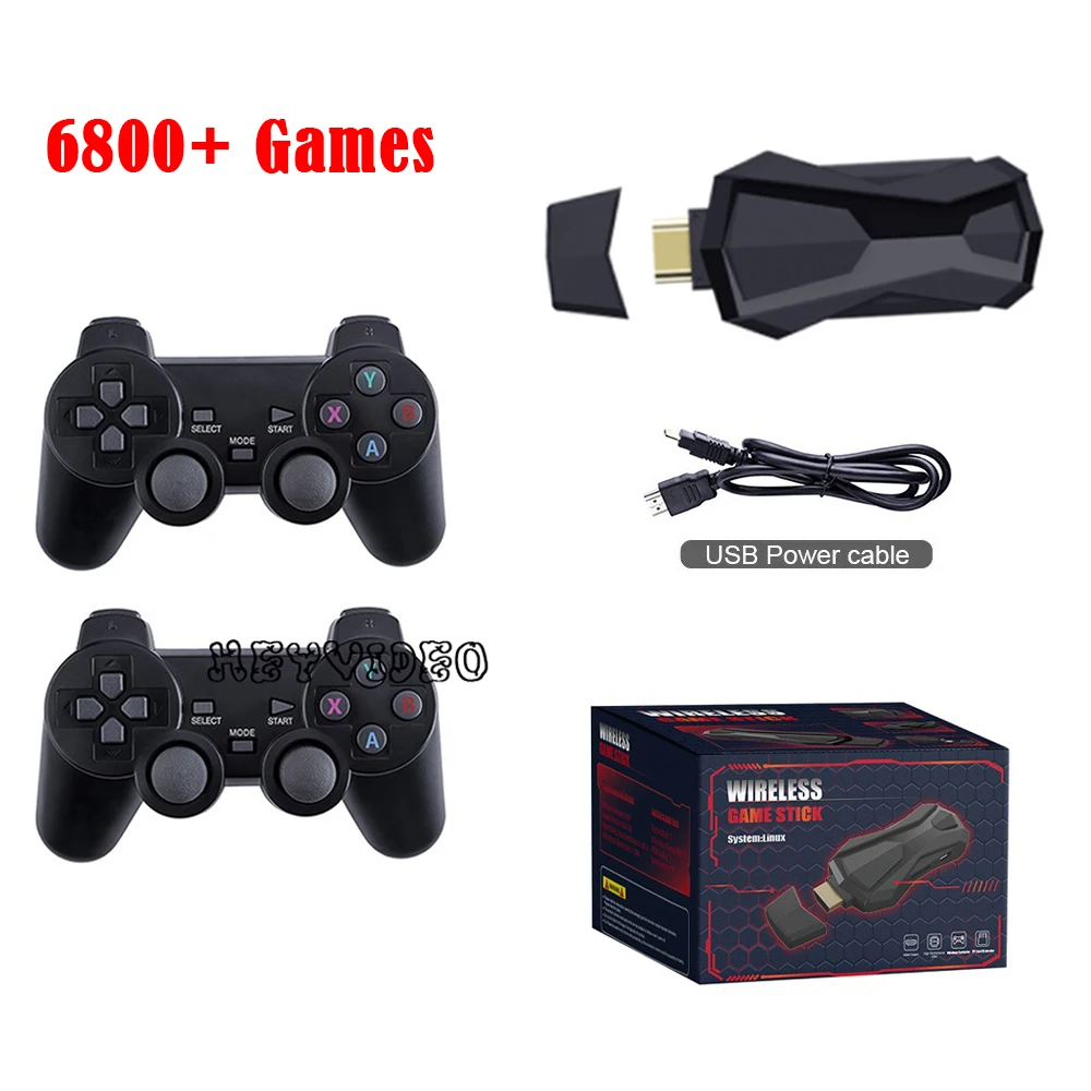Wireless Video Game Console 4K Game Stick HD Display on TV Projector Monitor Classic Retro 6800 +Games Double Controller Player 