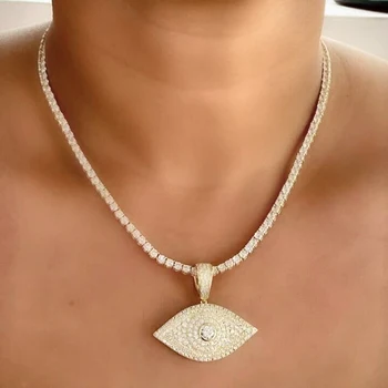 

Iced Out Lucky Eye Pendant Necklace With 5mm cz Tennis Chain Gold Silver color Zircon Eye Choker Women Hip hop Rock Jewelry