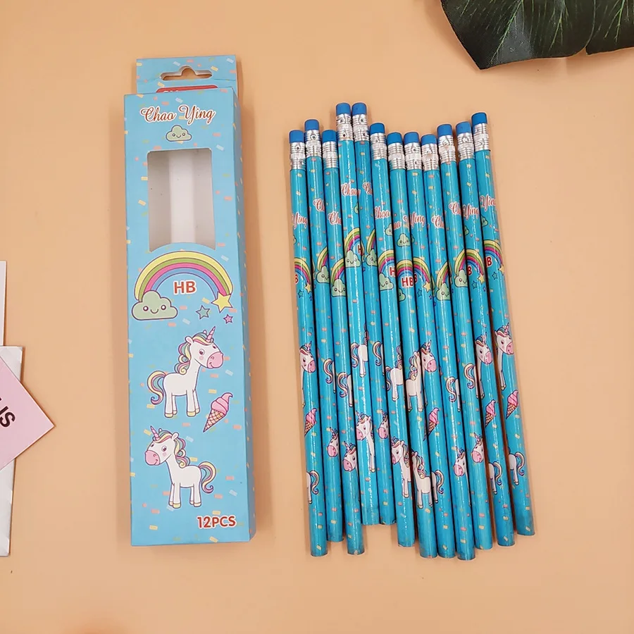 12Pcs Kawaii Unicorn Wooden Student Pencil Cute Candy Color HB Pencils For Kids Gift School Supplies Pencil Novel Stationery