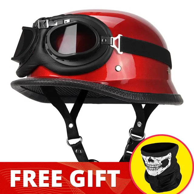 Motorcycle Helmet German Leather Vintage Casco Moto Motorcycle Open Face Retro Half Helmet Chopper Biker Pilot DOT Size S-XXL 307-Red-Glasses 02