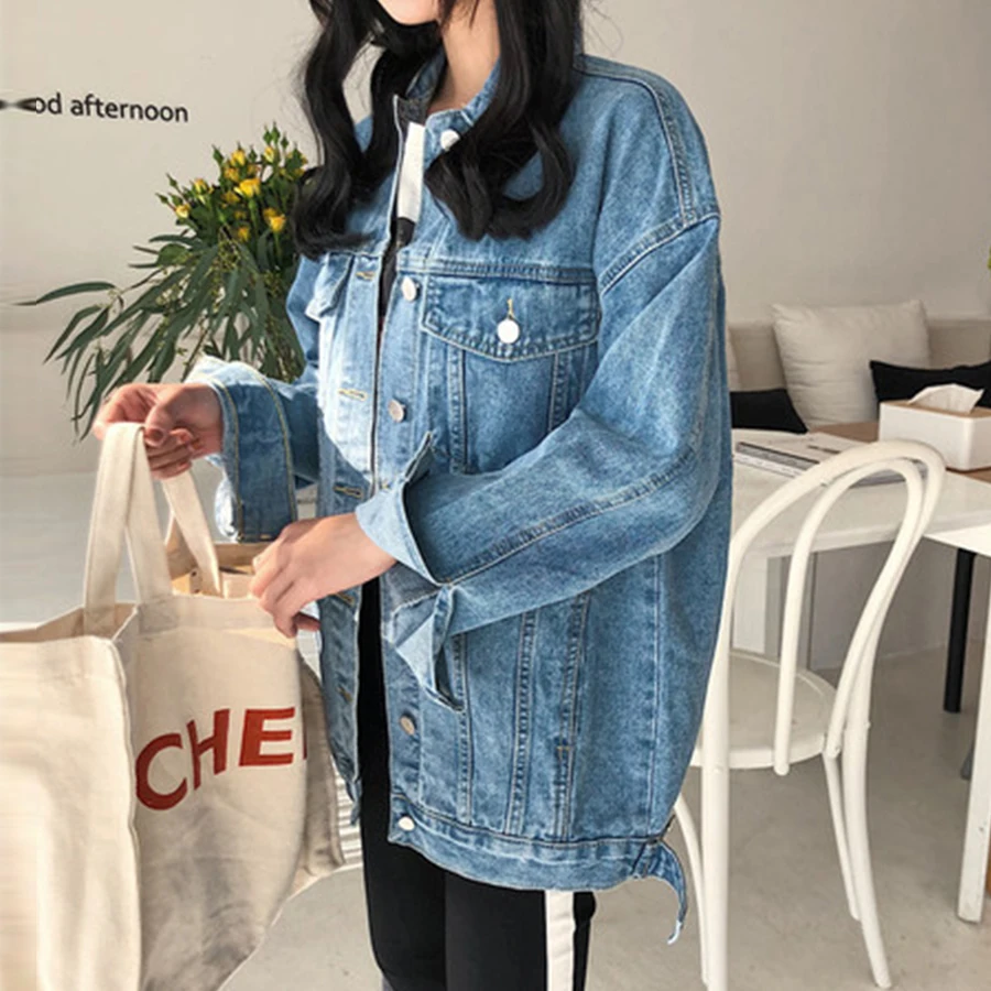 Very best  Solid Turn-Down Collar Denim Jackets Women Casual Loose Blue Jean Coats Jacket Female Long Sleeve S