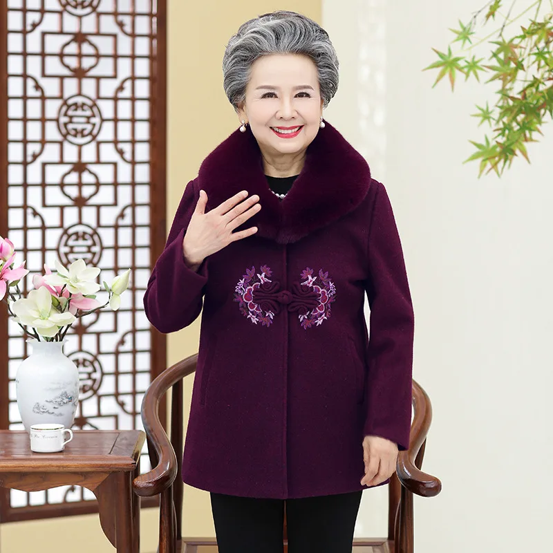 

Middle-aged Mom Autumn And Winter Woolen Jacket 2018 New Style Woolen Overcoat 60-Year-Old 50 Grandma-Embroidery Chinese Costume