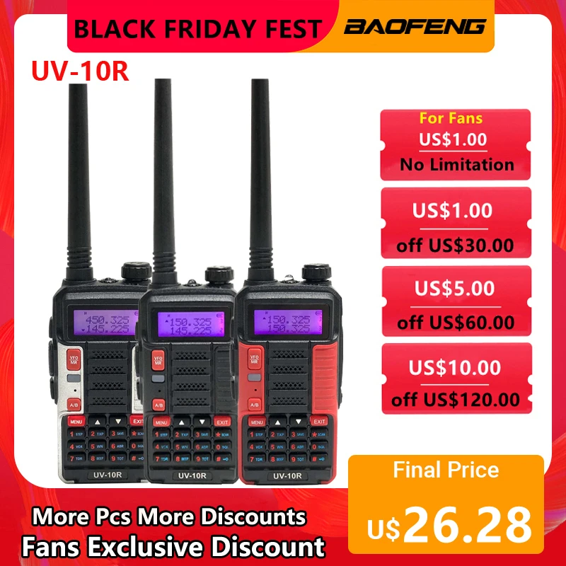 Baofeng UV10R Walkie-Talkie CB Ham kit transceiver two-way radio high-power 10W 5800mAh portable UHF VHF Dual-Band USB-charging