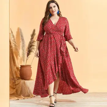

2020 Summer Dress Flare Sleeve Sexy V Neck Floral Bohemian Woman Dress Ruffle Cross Self-belt Long Boho Dresses Vestidos M - 4XL