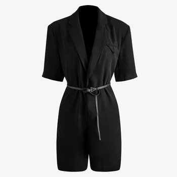 

SuperAen Blazers Black Romper with Waistband 2020 New Korean Style Solid Black Loose Temperament Straight Shorts Overalls