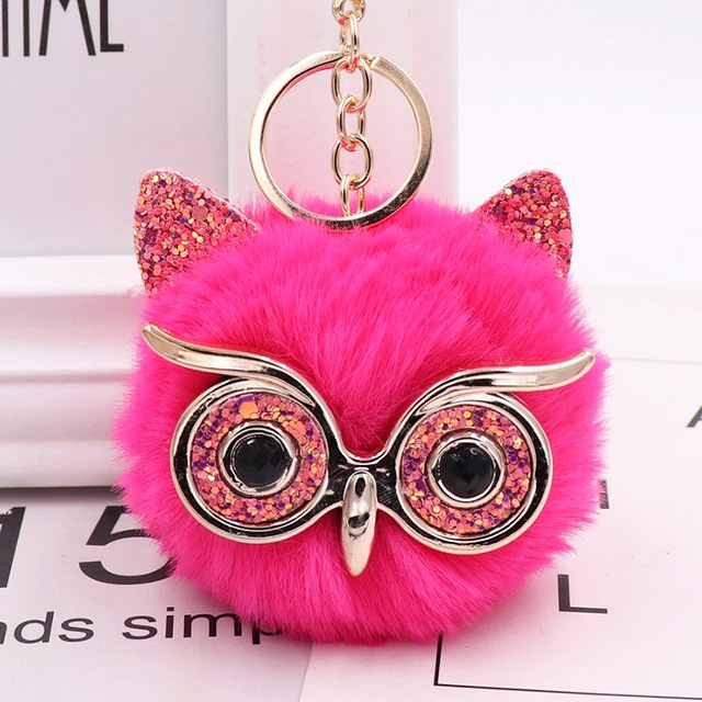 Cute Sequin Ears Owl Keychain Fluffy Artificial Rabbit Hairy Pom-pom Keychain Women's Shoulder Bag Owl Pendant Key Ring
