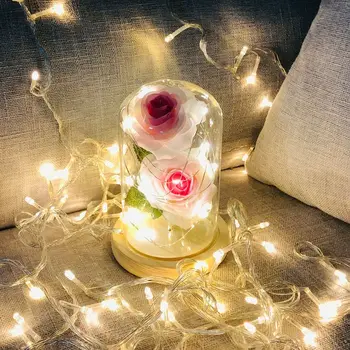 

Enchanted Forever 2 Rose Flowers In Glass LED Light Desk Lamp Romantic Valentine's Day Wedding Festival Gift Home Decor D08D