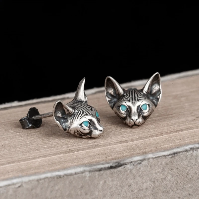 MKENDN Blue Eyes Sphynx Cat Meditate Yoga Stud Earrings For Men Women Sterling Silver 925 Ear Studs Bijoux Anti-allergy Jewelry