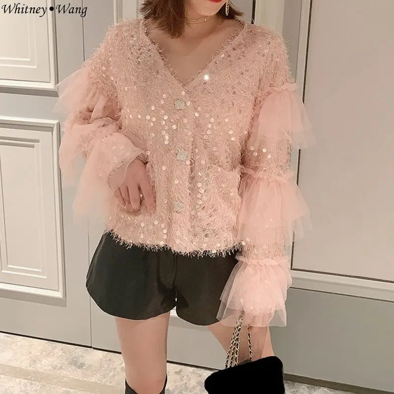 WHITNEY WANG Осенняя модная уличная сетчатая Лоскутная куртка с блестками и оборками Женская стильная куртка