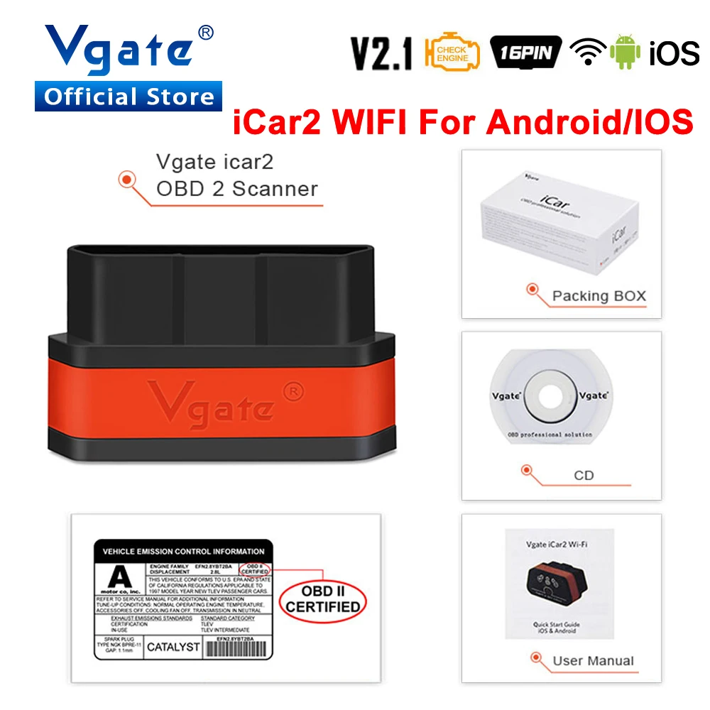 Автомобильный диагностический сканер Vgate iCar2 ELM 327 v2.1 obd2 Wi Fi адаптер для IOS/android obd odb2