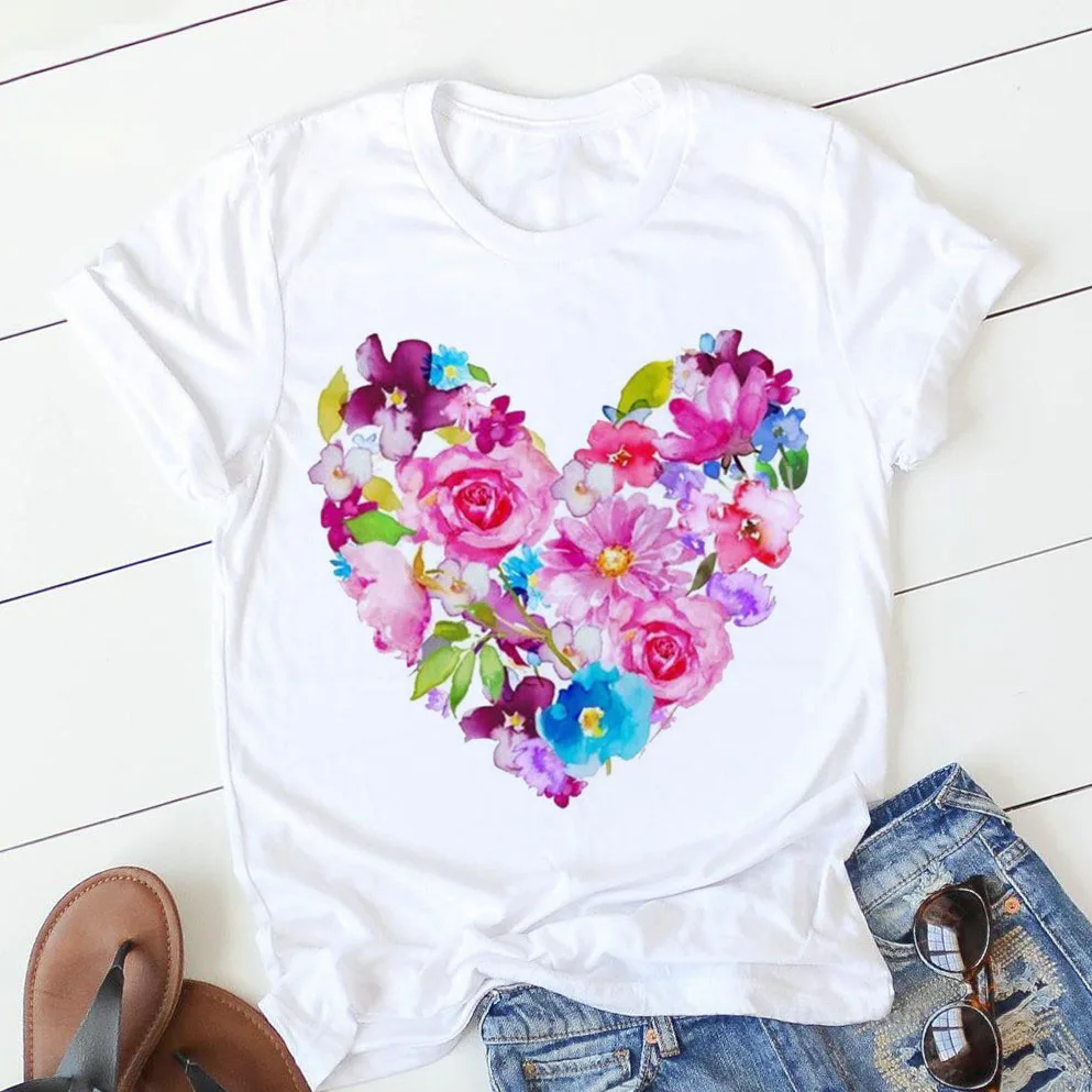 pink heart flower Print Women tshirt Short Sleeve Print Clothes Ladies Womens T-Shirt Graphic Tops Clothes Female T-shirts