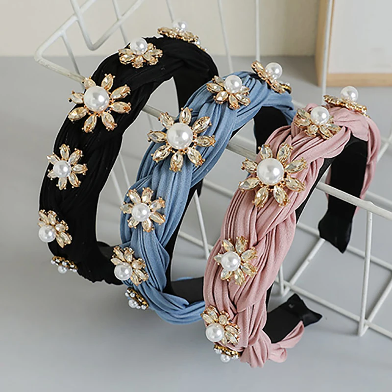 

ZHINI 1PC Solid Soft Knotted Headband Women Hairbands For Lady Hair Accessories Flower Pearl Headband Handmade Jewelry
