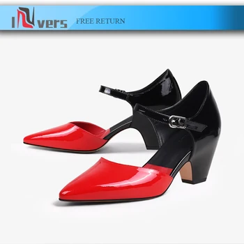 

2020 Spring Ins Hot Women Pumps marry Janes Stitching Color Pointed Toe Font Strap With Buckle Wedges High Heels Shoes Women