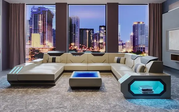 CBMMART New Arrival Living Room Furniture Sofa Sets JV003, Luxury U-shape Leather Sofa Set with LED Light