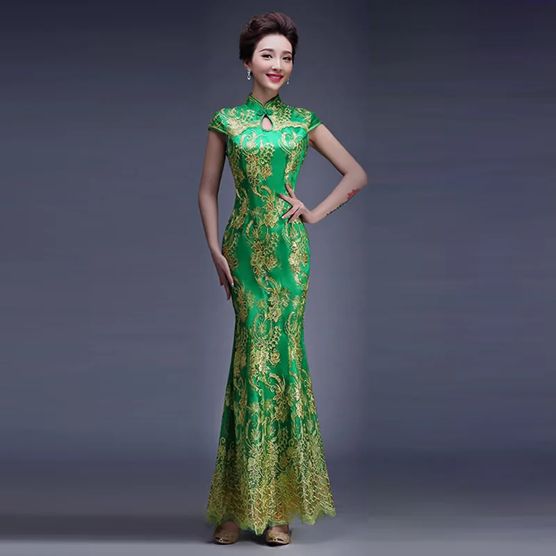 Элегантное красное полной длины Для женщин Qipao Вечеринка платье Изысканная платье с цветочным рисунком De Soiree леди Русалка свадебное платье