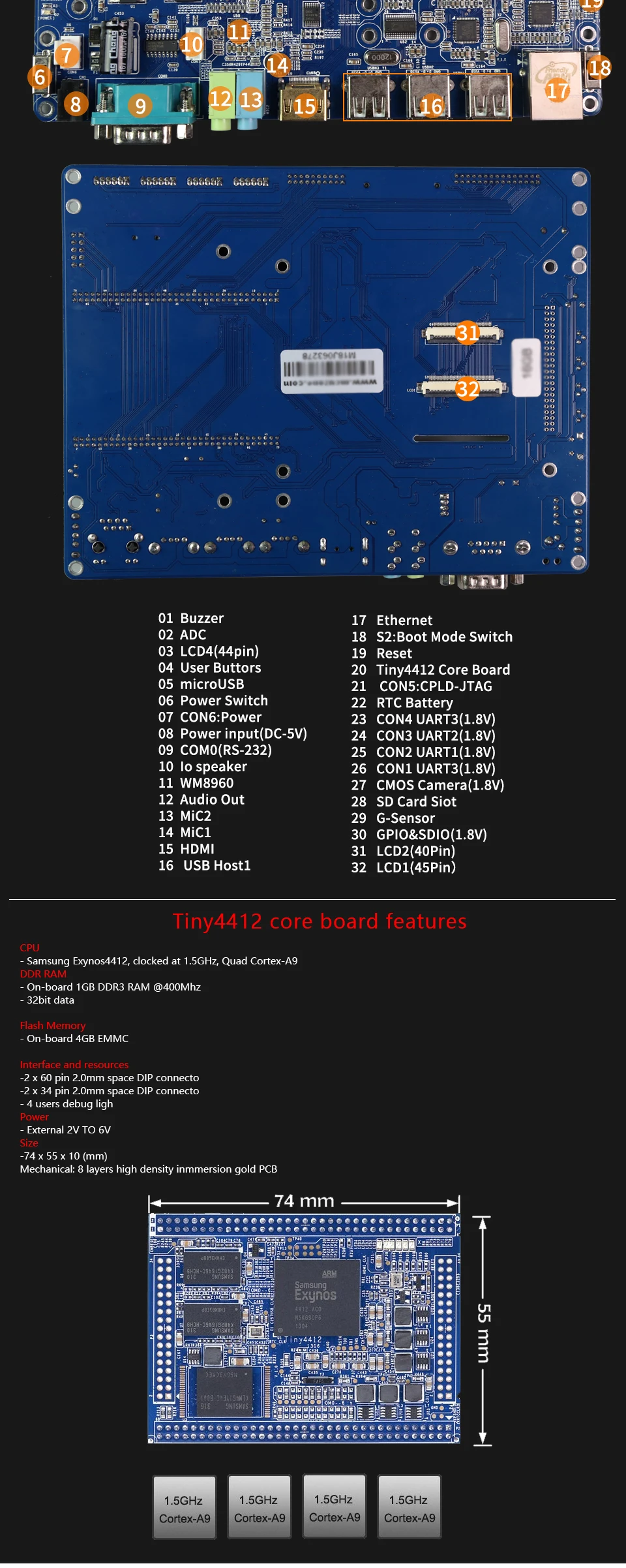 FriendlyELEC TINY4412SDK 1312 4 Гб памяти на носителе EMMC 1 ГБ DDR3 экран отсутсвует, Andriod4.2 Exynos4412 Cortex-A9