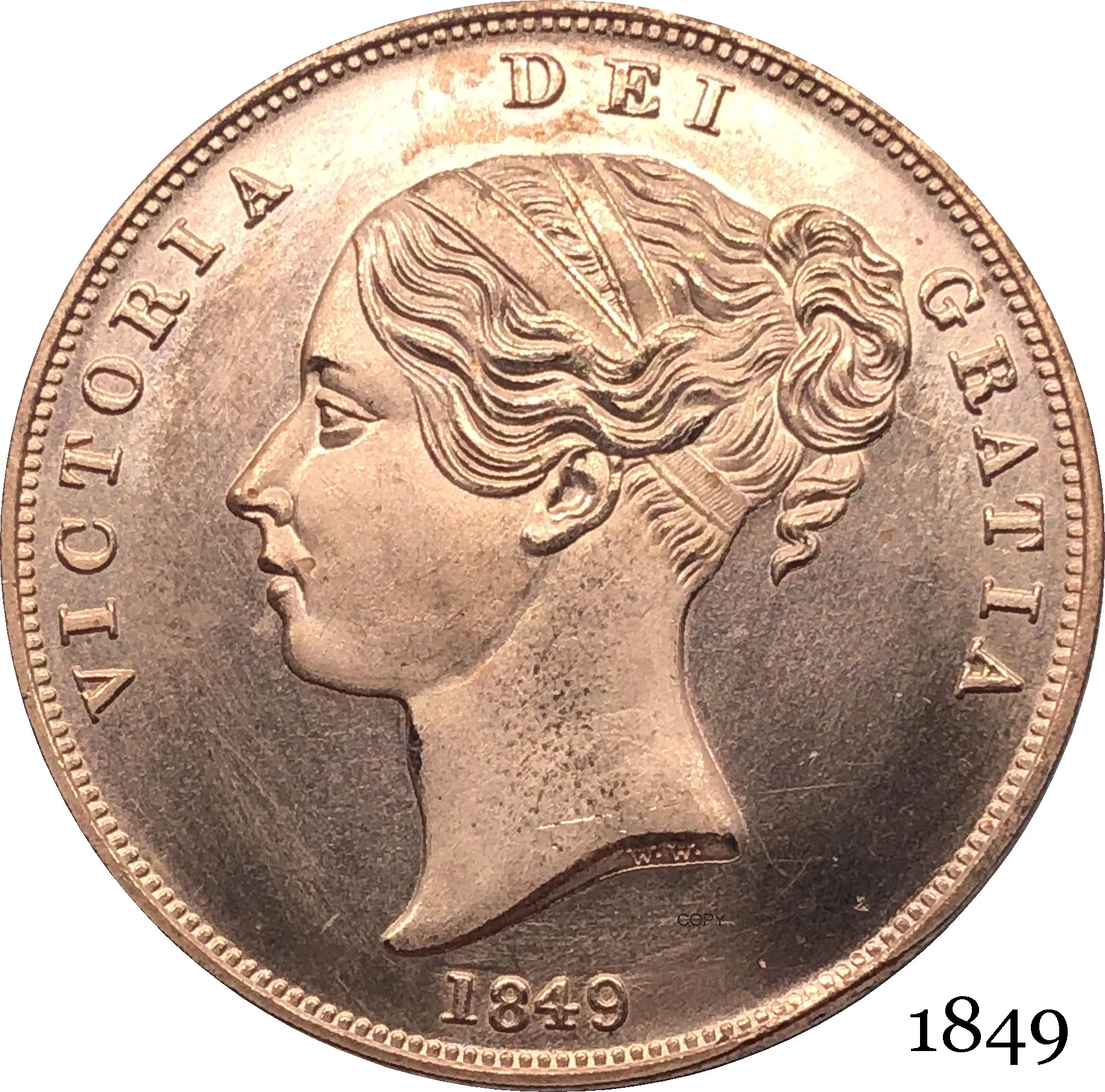 Regno Unito 1849 Victoria 1 One Penny Uk Queen Red Copper Copy Coins Gran Bretagna Bronze Portrait Coin Con Bordo Liscio