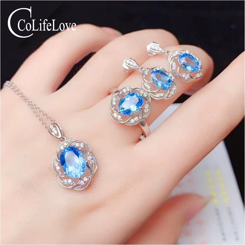 CoLife Jewelry Vintage Silver Topaz Jewelry Set for Wedding 4 Pieces Natural Topaz Ring Earrings Pendant