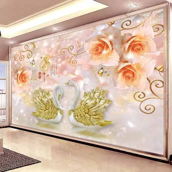 

Custom 3D Mural Art Wall Painting European Style Marble Tile Swan Rose Flower Living Room Sofa TV Backdrop Wallpaper Home Decor