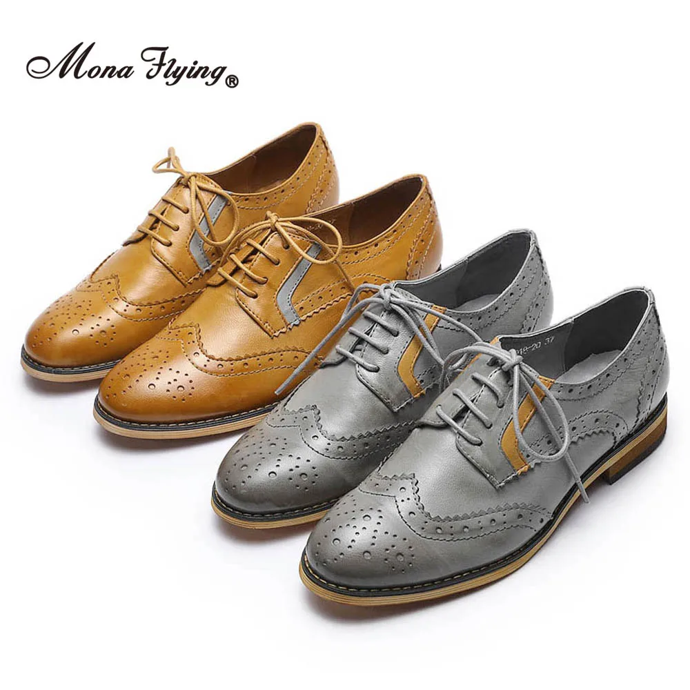 Mona Flying Women Premium Leather Wingtip Oxfords Brogue Comfort Hand-made Lace-up Shoes