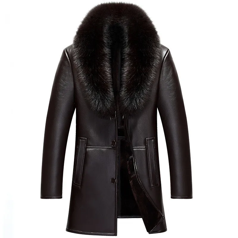 

Winter Big Fur Collar Detachable Medium Length Mens Faux Leather Jackets Fashion Slim Fit Velvet Thicken Coats Plus Size M-4XL