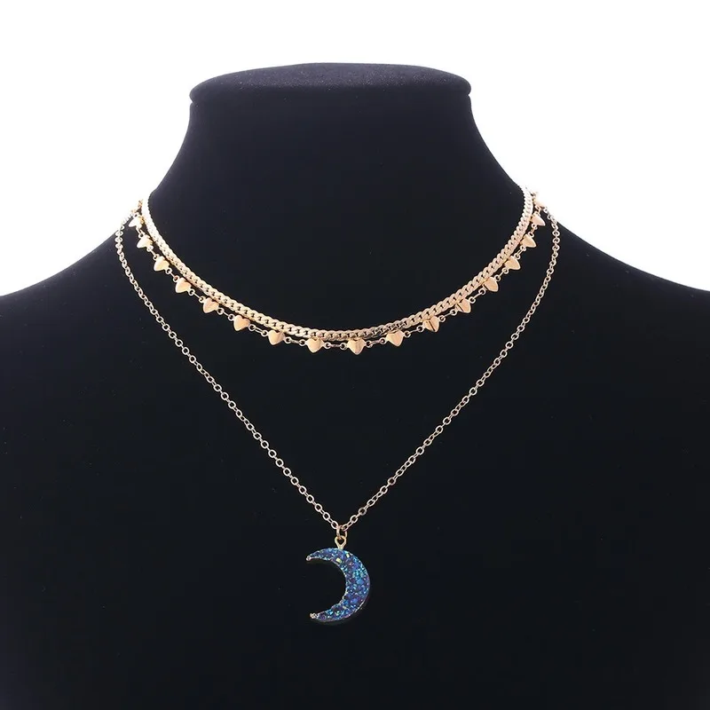 

Multi-layer Colored Crescent Moon Necklace Fashion Handmade Clavicle Chain Heart Necklaces for Women Elegant Neck Jewelry XL778