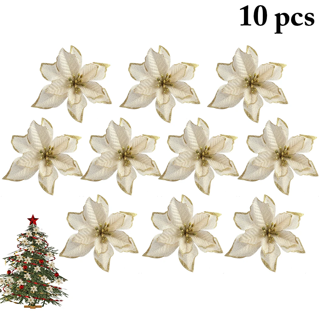 10PCS Christmas Flowers Xmas Christmas Tree Decorations Glitter Wedding Party Artificial Flowers Decor Drop Shipping