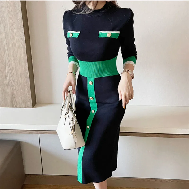 

Autumn Winter Korean Fashion Casual Knitted Sweater Dress Women All-match Bottomed Bodycon Long Dress Vestidos Party Robe Female